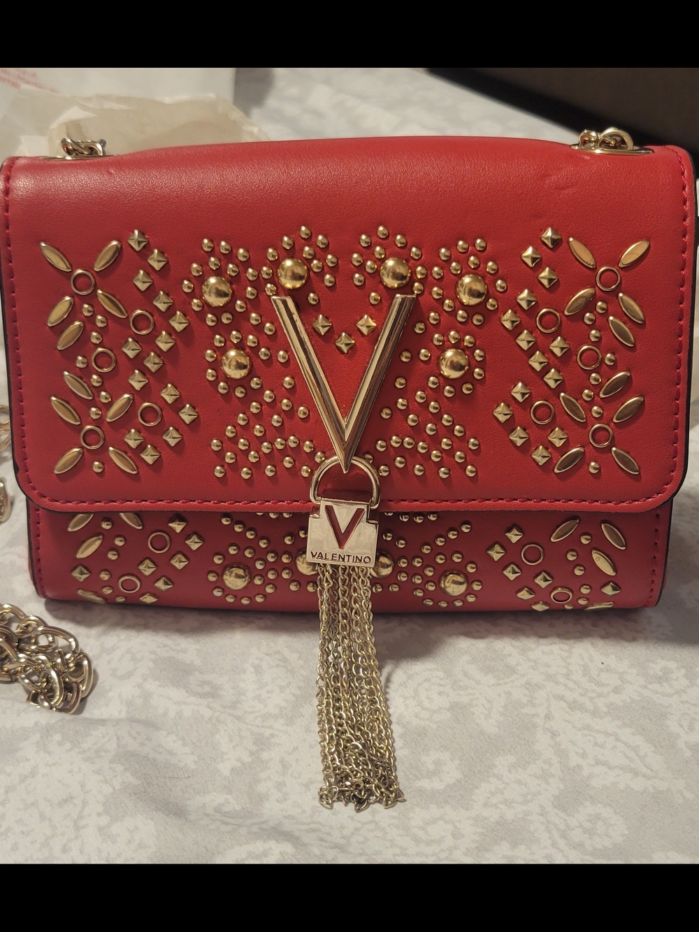 Mario Valentino Red Studded V-Tassel Shoulder Bag